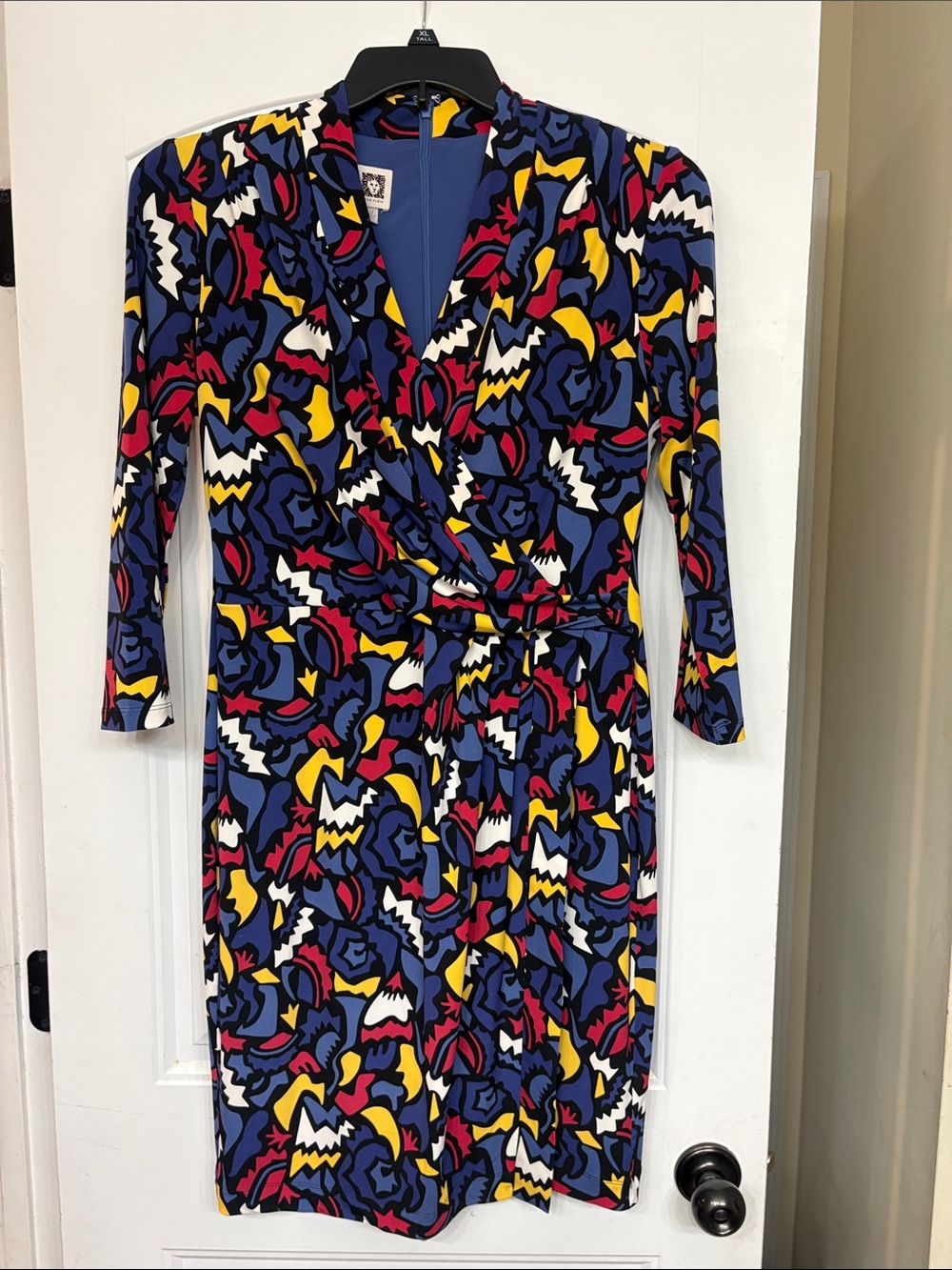 Anne Klein Wrap-Front Midi Dress in Bold Multi-Color Print. Size 12